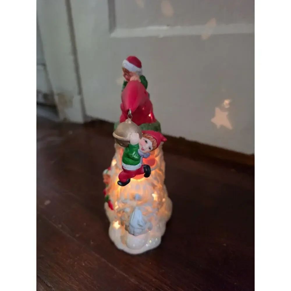 Vtg 90s Danson Lighted Ceramic Crescent Santa Figurine w/dangling elf - Works